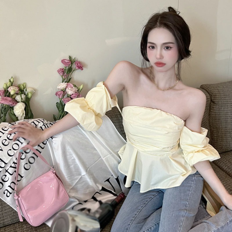 Áo Trễ Vai Tay Phồng Ngắn Dáng Ôm Màu Trơn Thời Trang Quyến Rũ Cho Nữ