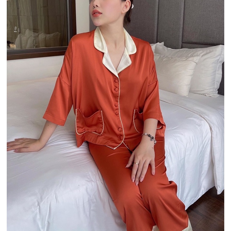 Pijama bộ ngủ lụa mặc nhà tay lỡ quần dài lỡ phối hai túi cánh dơi xinh mau trơn cơ bản mái lụa cao cấp quảng châu EE01.