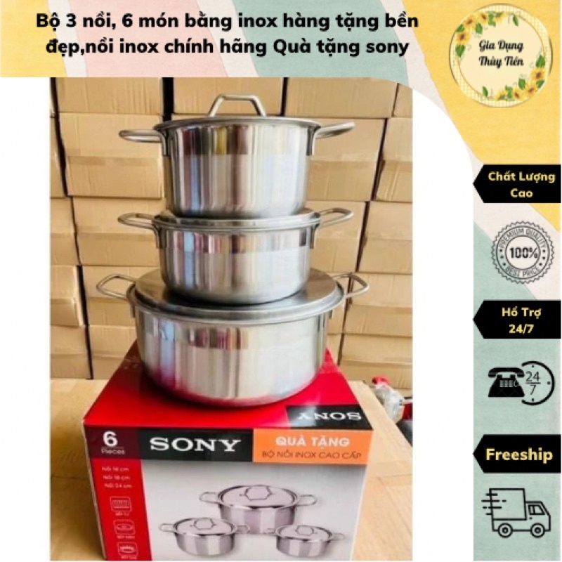 Bộ 3 nồi inox SONYY nắp inox dày nấu được tất cả các bếp
