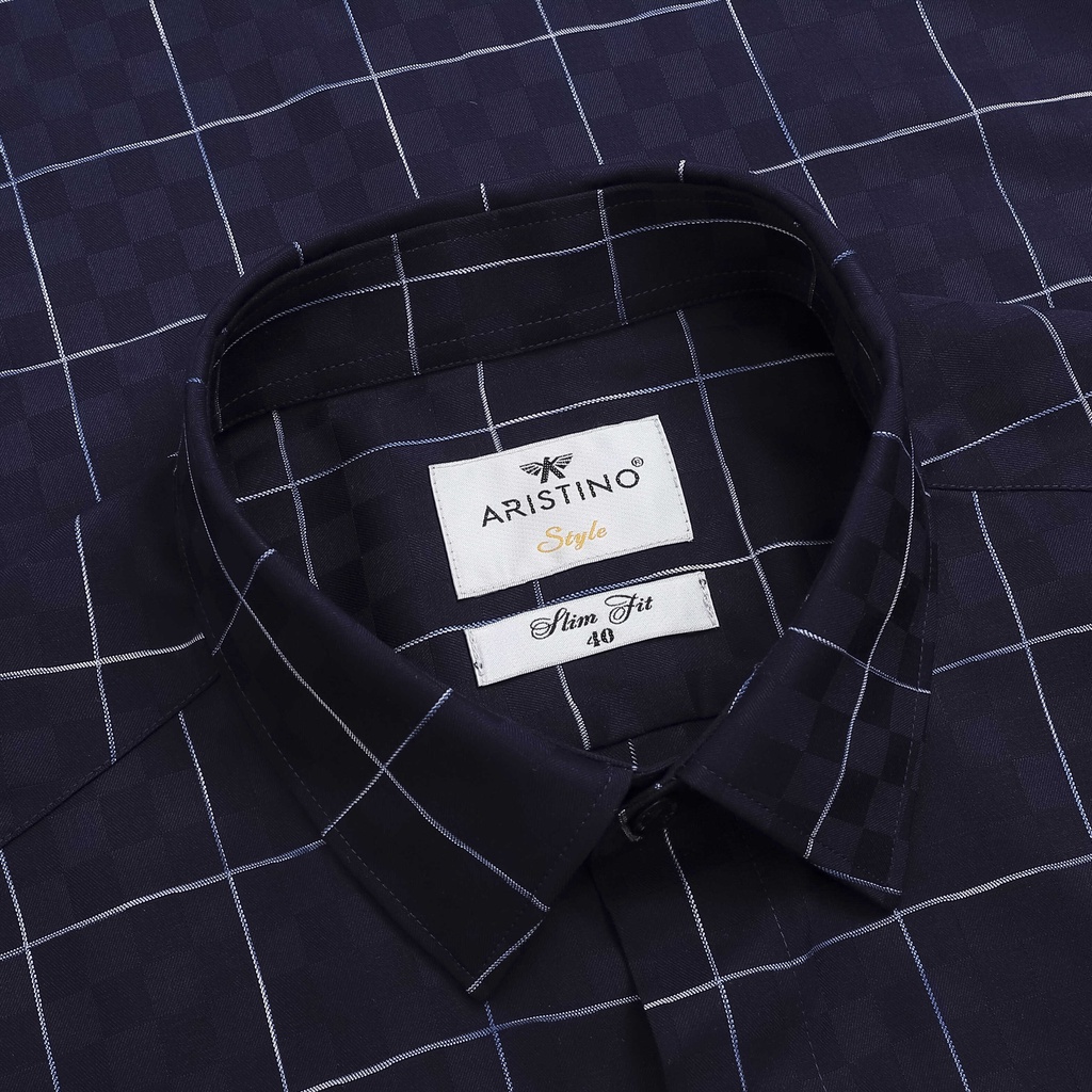 Áo sơ mi nam dài tay ARISTINO họa tiết kẻ trắng trên nền xanh tinh tế, lịch lãm ALS07602