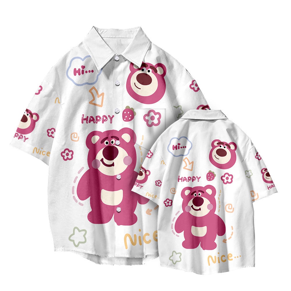 Áo Sơ Mi Tay Ngắn Dáng Rộng In Hình Gấu Và Dâu Tây Dễ Thương Thời Trang Mùa Hè Cho Nam Và Nữ
