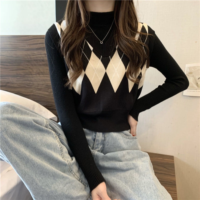 Áo gi lê nữ cổ chữ V không tay hình thoi áo mặc ngoài tôn dáng dáng gầy thông xuân thu nữ dệt kim | BigBuy360 - bigbuy360.vn