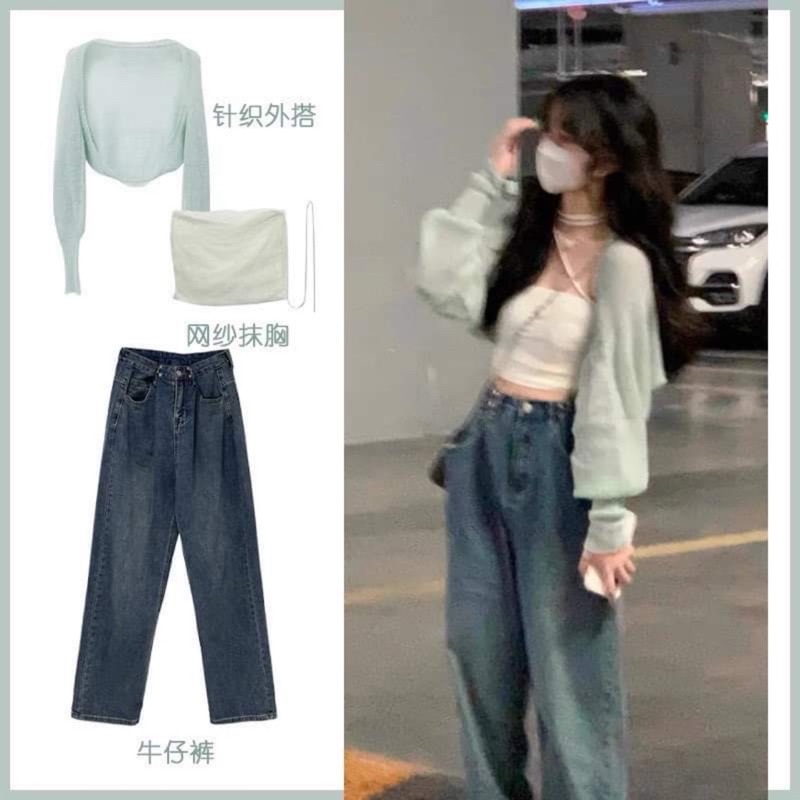 Áo yếm kết hợp áo khoác len + quần jean suông
