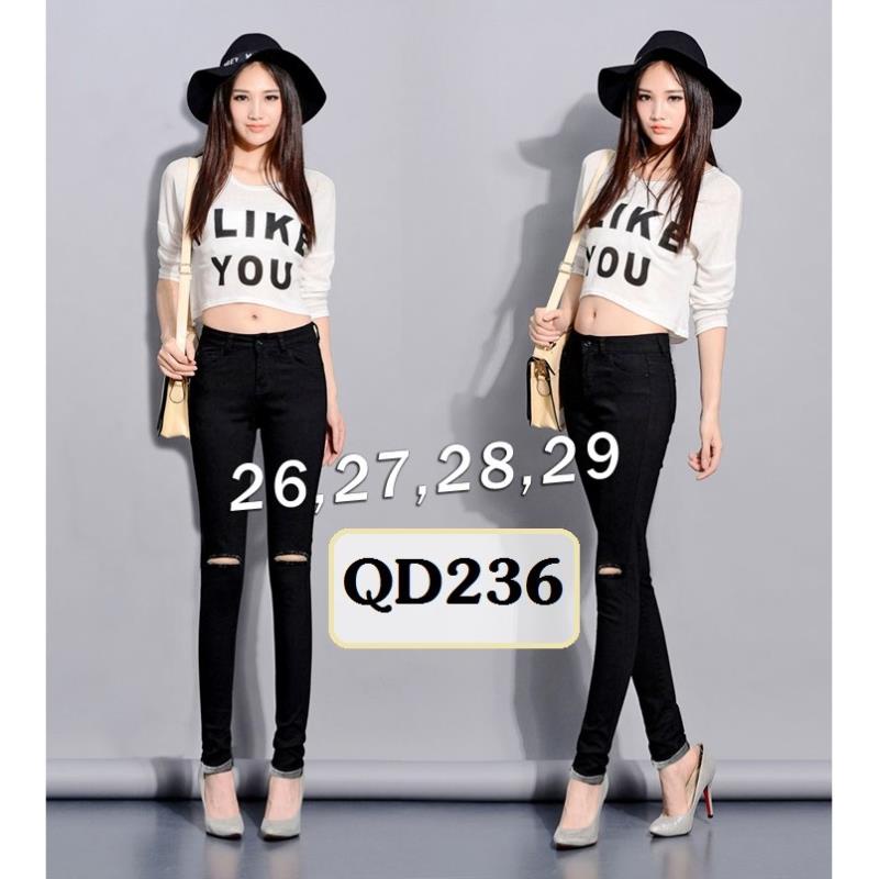 Quần Jean Rách 💕FREESHIP💕 Quần jean đen lưng cao 1 nút xắn lai rách 2 bên QD236 **( . .