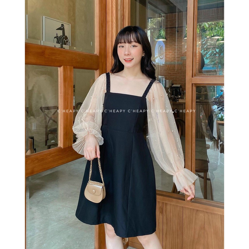 Đầm xòe cổ vuông tay lưới bi xinh xắn có mút ngực