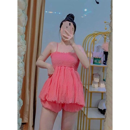 Set đồ nữ dễ thương đi chơi tiệc, đồ bộ bí xốp thiết kế 2 dây có mút