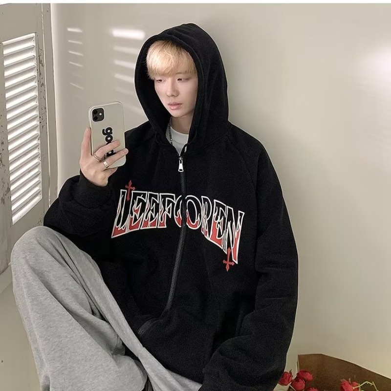 Áo hoodie Dáng Rộng In Chữ Phong Cách retro Mỹ Cho Nam