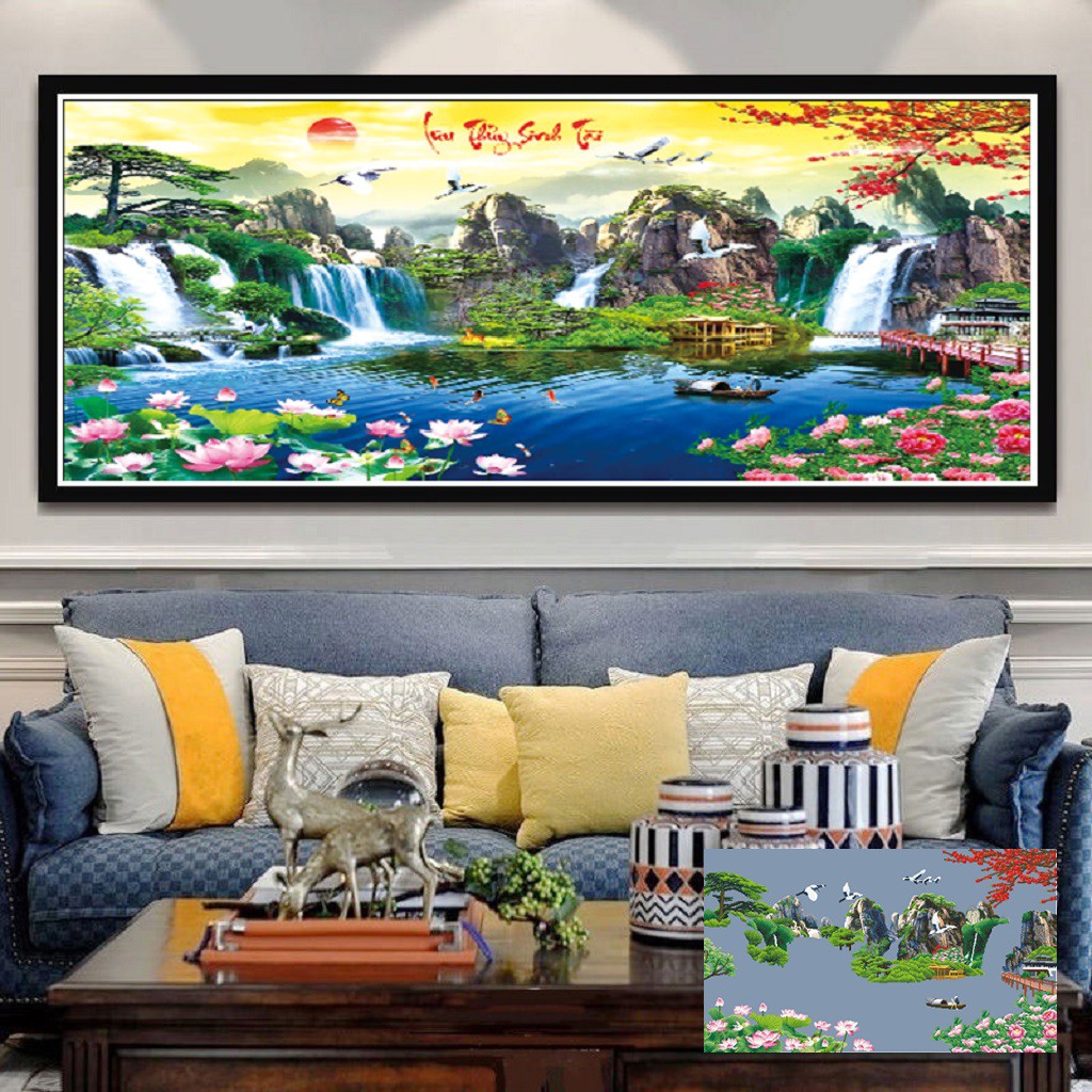 TRANH THÊU CHỮ THẬP PHONG CẢNH 3D LƯU THỦY SINH TÀI TRANH LAVENDER | BigBuy360 - bigbuy360.vn