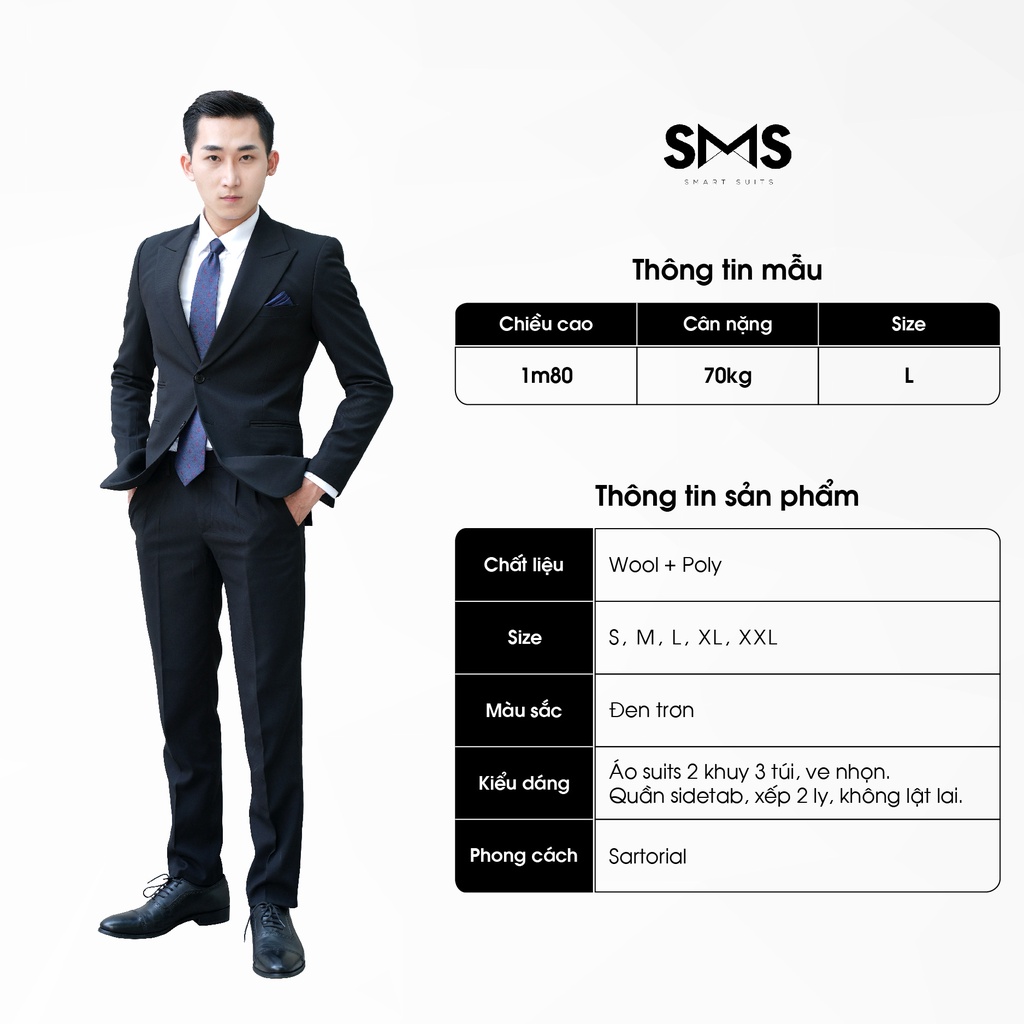 Vest nam đen trơn 2 khuy 3 túi phối quần sidetab, suits sartorial, chuẩn form Smart Suits