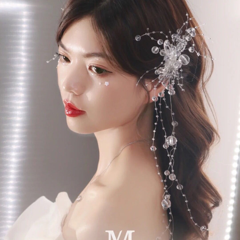 Kẹp Tóc Đính Pha Lê Tua Rua Bên Hông Trong Suốt Phong Cách Mori Nhật Hàn Cho Cô Dâu