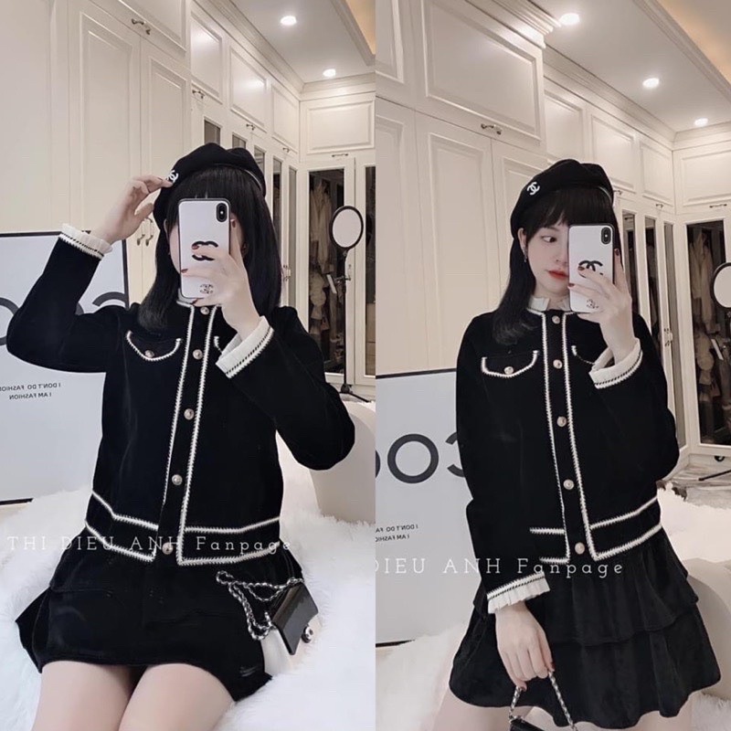 ÁO KHOÁC NHUNG CỨNG VIỀN BÈO TRẮNG TIỂU THƯ 2 SIZE