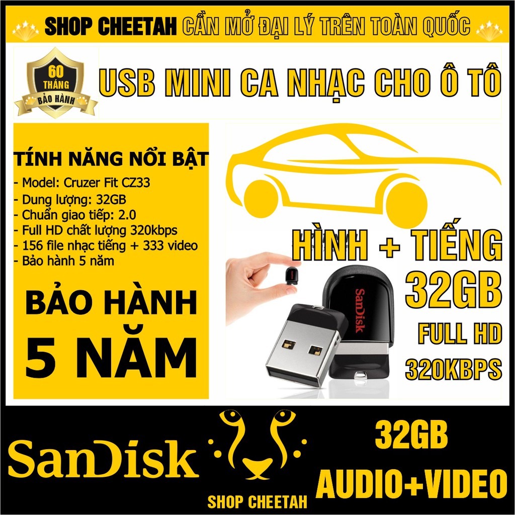 USB nhạc 32GB cho ô tô (Video full HD và audio) – Chất lượng 320Kbps – Siêu nhỏ gọn cắm trên ô trên ô tô, loa kéo