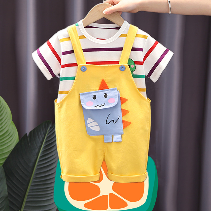 0-5 years old children's striped short-sleeved T-shirt + pocket shorts bib set 2-piece set of cute little dinosaur graphics