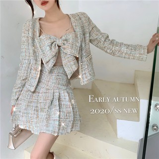 Set tweed áo nơ phối váy ngắn xếp ly và áo khoác