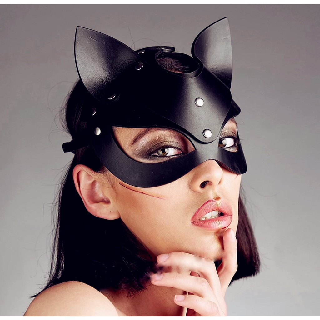 Mặt Nạ Nửa Mặt Bằng Da Màu Đen Hóa Trang Mèo