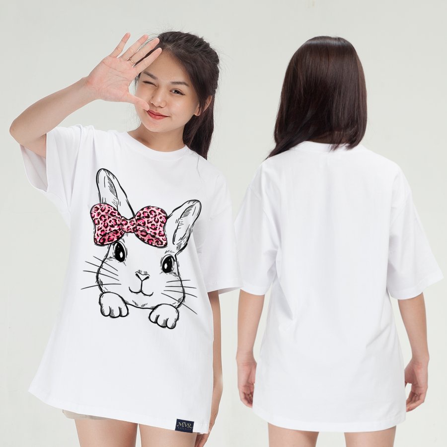Áo thun nữ cổ tròn Cotton thoáng mát mặt thỏ dễ thương đeo nơ MVR KK3929