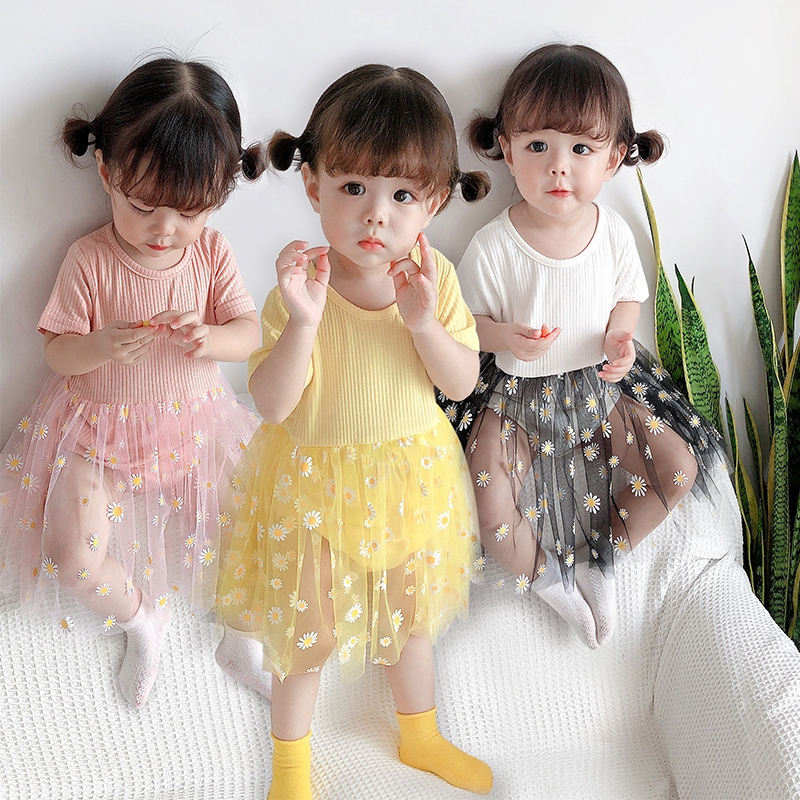 Jumpsuit cotton tutu lưới hoạ tiết hoa cúc công chúa tay ngắn cho bé gái