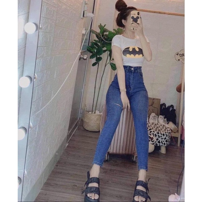 [Bigsize 32-36] Quần Jean Skinny Xanh Đậm Rách Đùi. Hai Loại Lưng Thun Và Lưng Thường.