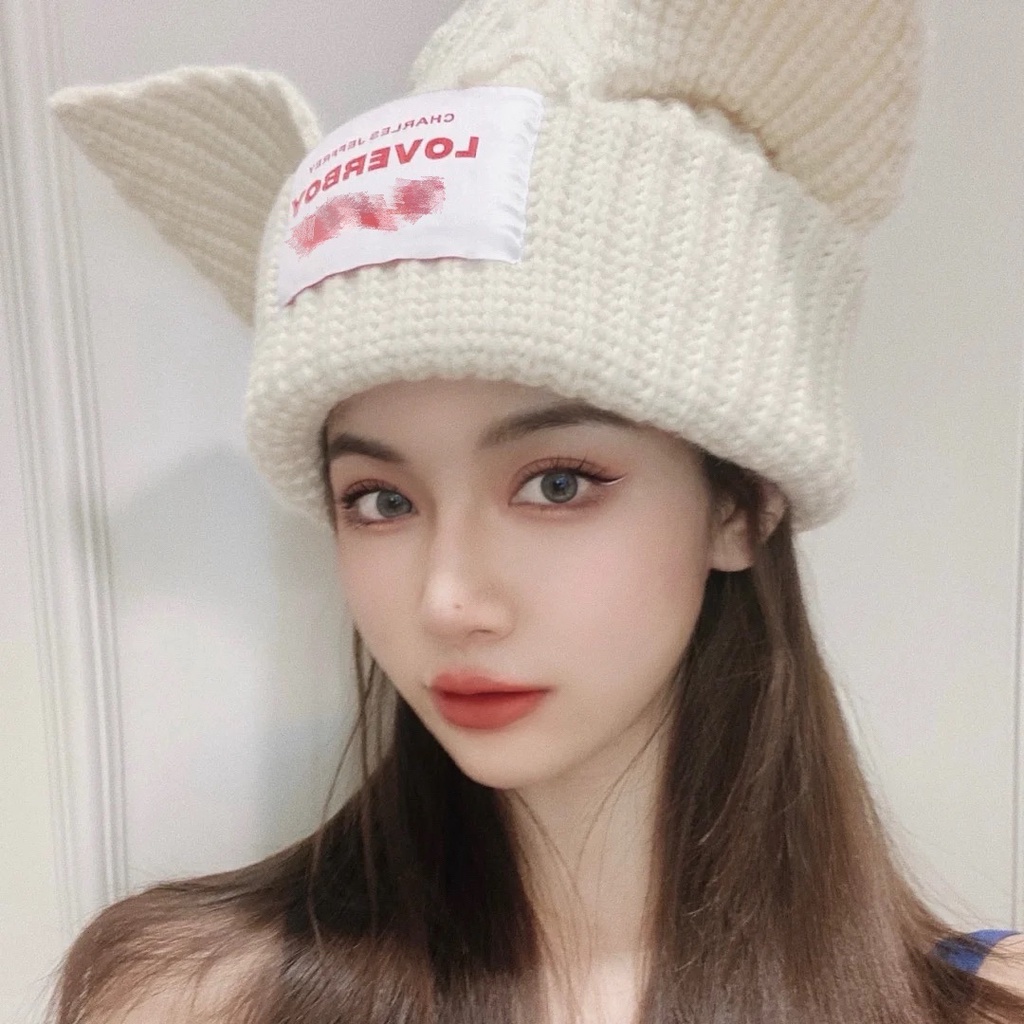 Mũ len trùm đầu giữ ấm thiết kế tai động vật dễ thương thời trang thu đông phong cách Âu Mỹ