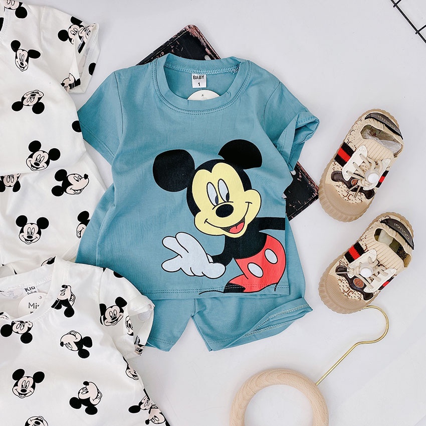 Bộ Quần Áo Cộc Tay MinkyMom Vải Cao Cấp In Hình Micky Trắng Xanh Cho Bé Từ 8-20kg Mac CT07