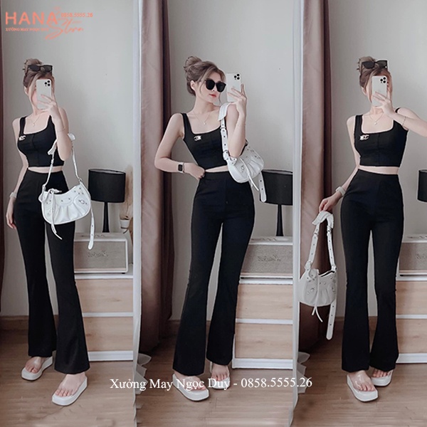 Quần ống loe cạp cao co giãn đi học làm công sở hack dáng quần Legging đen dài ống rộng chất vải cotton co dãn 4 chiều