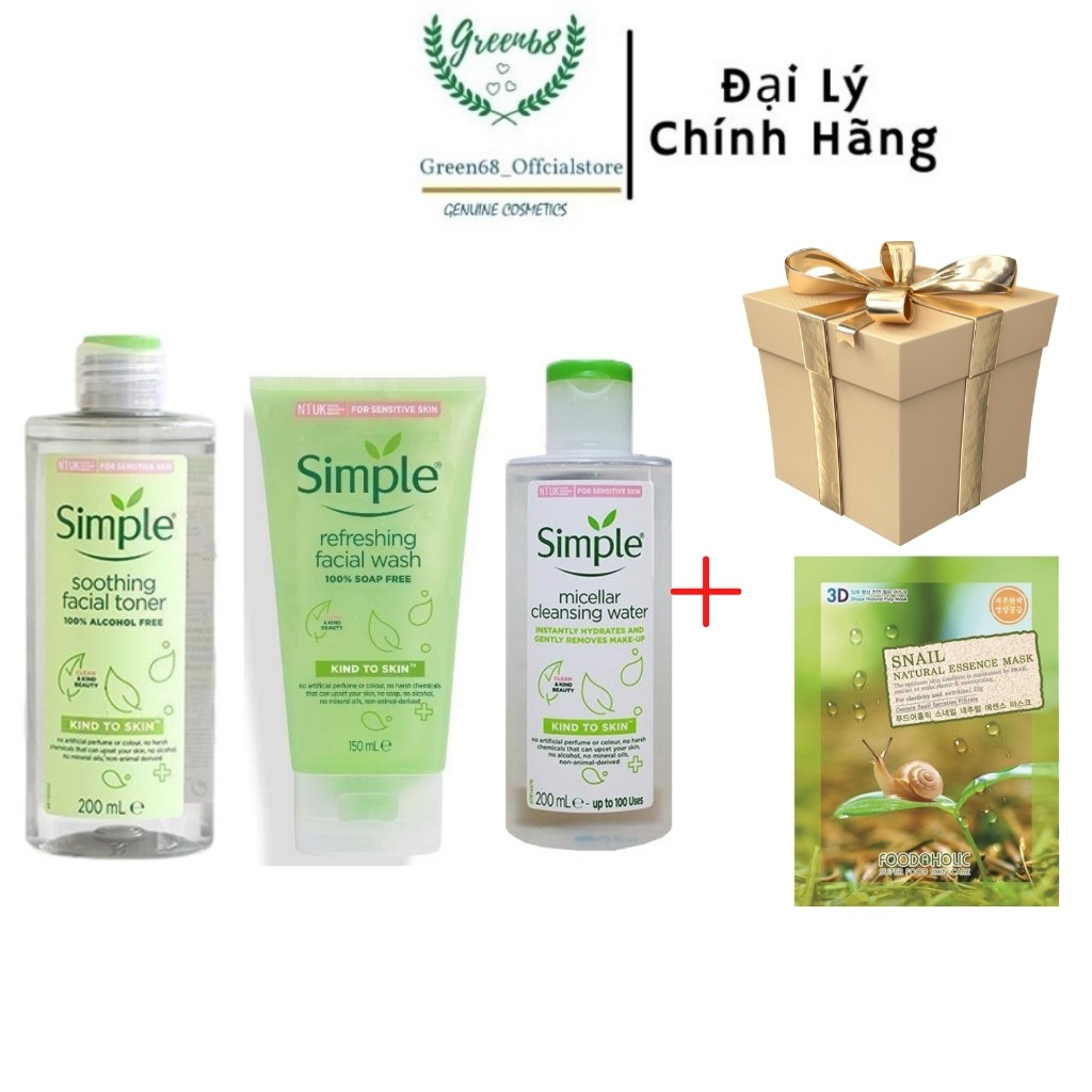 Combo 3 Món Simple Sữa Rửa Mặt 150ml +Nước Tẩy Trang 200ml+ Nước Hoa hồng 200ml