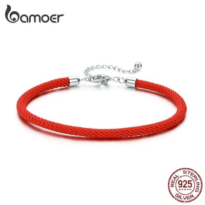 Vòng Tay Bamoer SCB166 Dây Đỏ Có Thể Điều Chỉnh 16cm-21cm Móc Bạc 925 Đơn Giản Cho Nữ