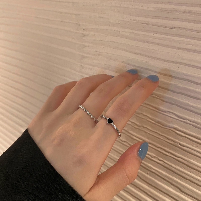 2 Nhẫn đeo ngón tay đính đá zircon hình trái tim màu đen thời trang đơn giản cho nữ