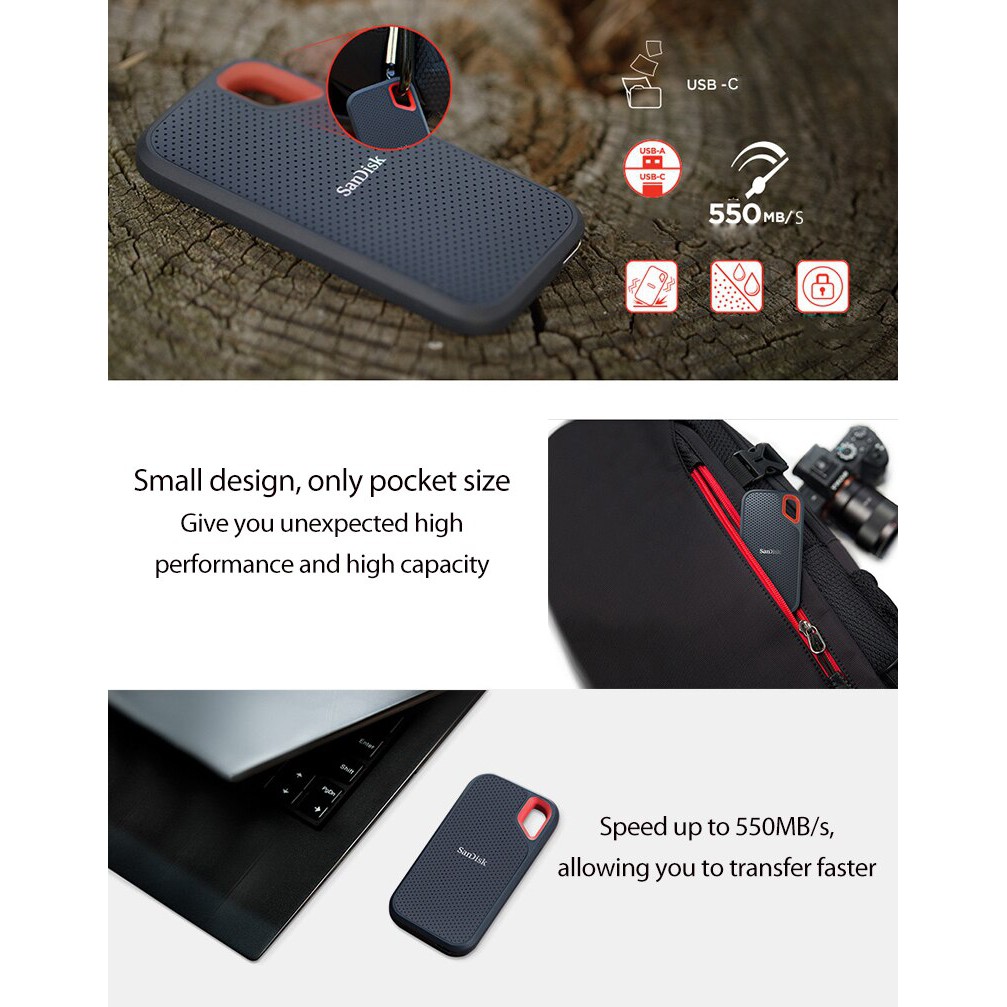Ổ cứng di động SSD Sandisk Extreme Portable E60 USB 3.1 500GB / 1TB / 2TB Read 550MB/s (Đen) | BigBuy360 - bigbuy360.vn