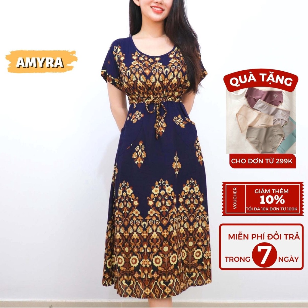 Đầm trung niên đi biển dài cổ tròn có tay họa tiết thổ cẩm AMYRA - Đầm lanh mặc nhà cho mẹ phong cách mùa Hè VA058