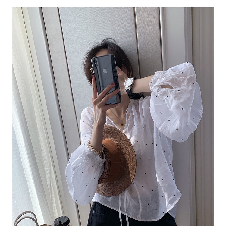 Áo kiểu tay dài họa tiết chấm bi dễ thương dành cho nữ