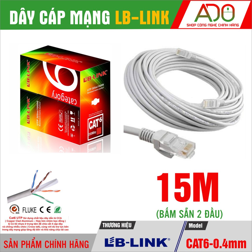 Dây cáp mạng CAT6 LB LINK - Dây mạng bấm sẵn 2 đầu dây - Đoạn dài 15M
