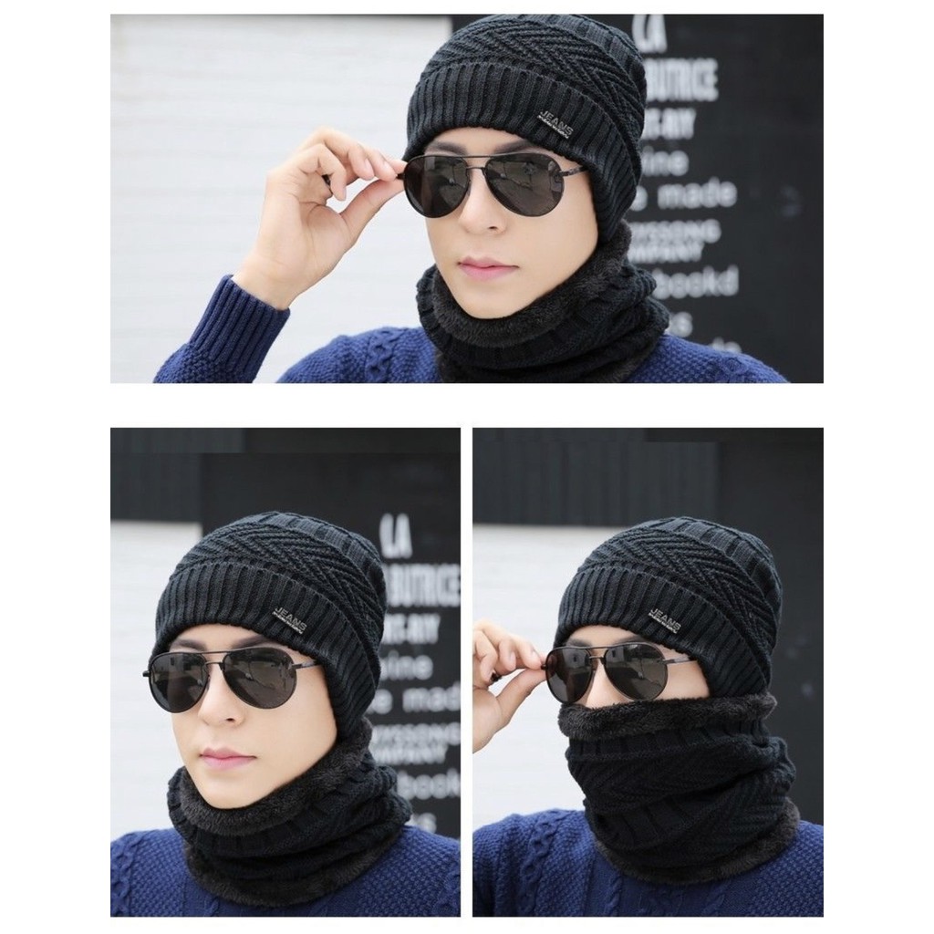 Bộ mũ len kèm khăn cổ Hàn Quốc nam nữ lót lông siêu ấm, siêu mốt [NÓN LEN]