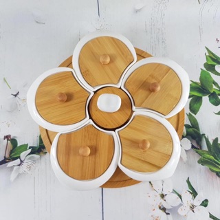 Khay mứt Tết sứ nắp gỗ xoay 360