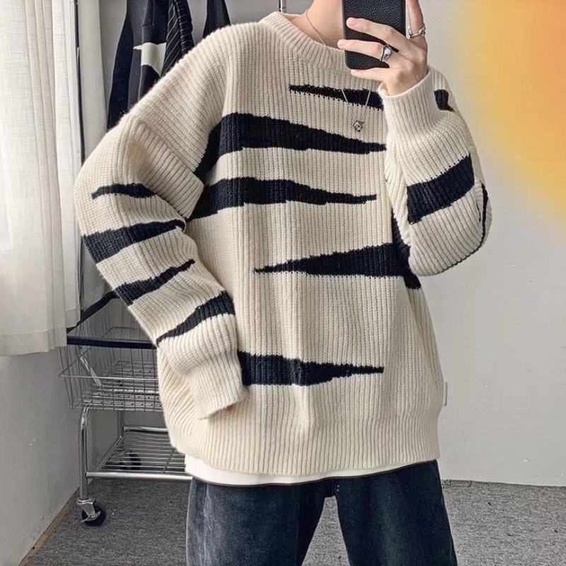 Áo sweater tay dài cổ tròn họa tiết kẻ sọc phong cách retro hàn quốc dành cho nam