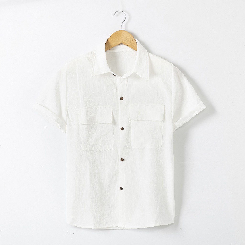 Áo Sơ Mi Ngắn Tay Nam Nữ Cổ Vest TRƠN Trắng Và Đen - Kiểu sơ mi tay ngắn form rộng Cổ Vest và Cổ Đức