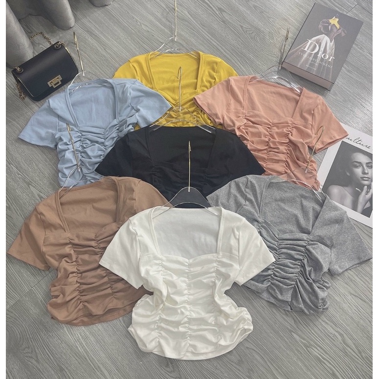 Áo thun Croptop body tay ngắn Cổ U nhún phía trước ( Vàng )
