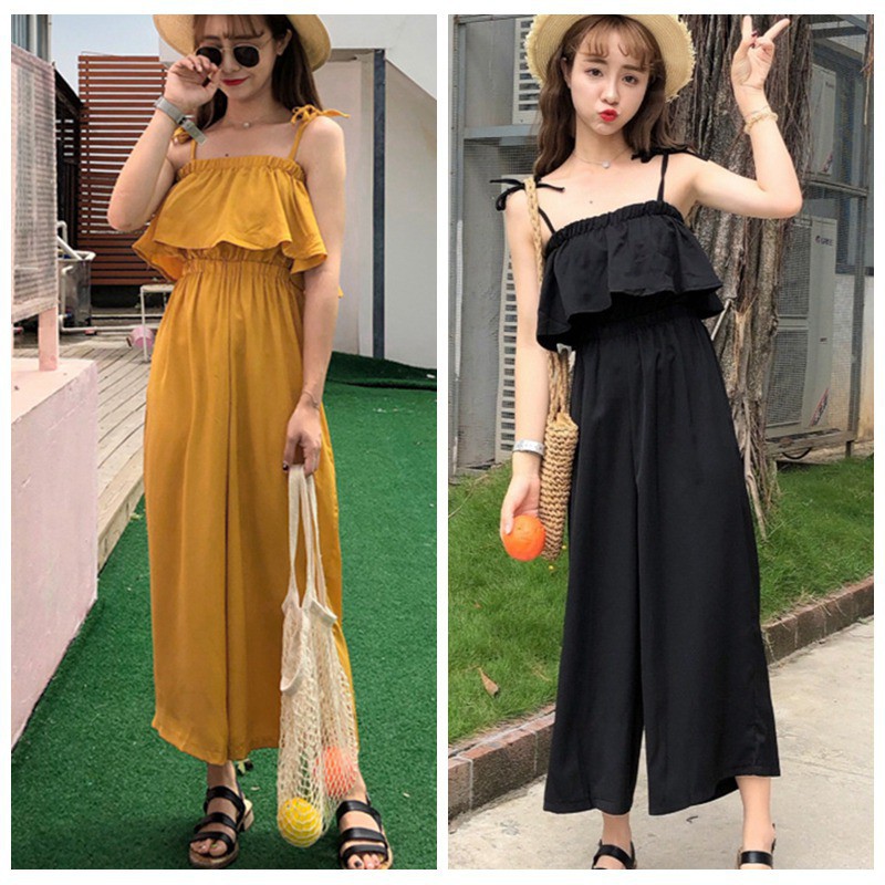 Jumpsuit trễ vai hai dây ống rộng cho nữ