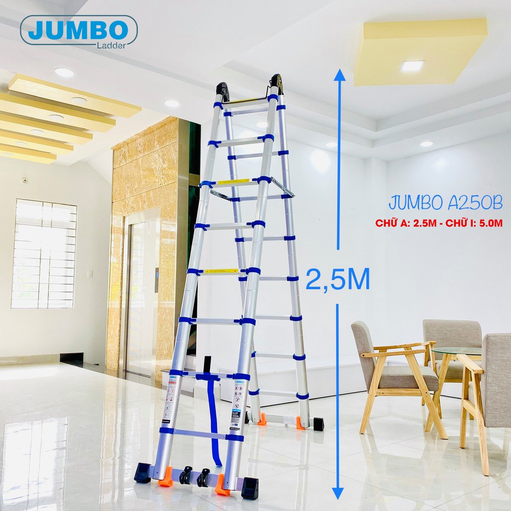 Thang nhôm rút chữ A JUMBO A190B, A220B, A250B, A280B - Mẫu 2020 đai xanh, tải trọng 300kg, chiều cao từ 1.9M đến 2.8M