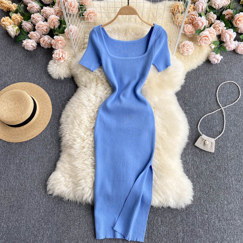 Đầm len montoghi xẻ đùi cổ vuông gợi cảm váy mùa hè Đ724
