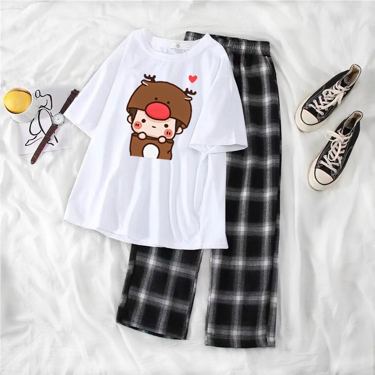 Sét Áo phông in hình + quần kẻ karo, Áo thun from rộng, Chất đẹp không xù, Sét bộ mặc ở nhà - MODY
