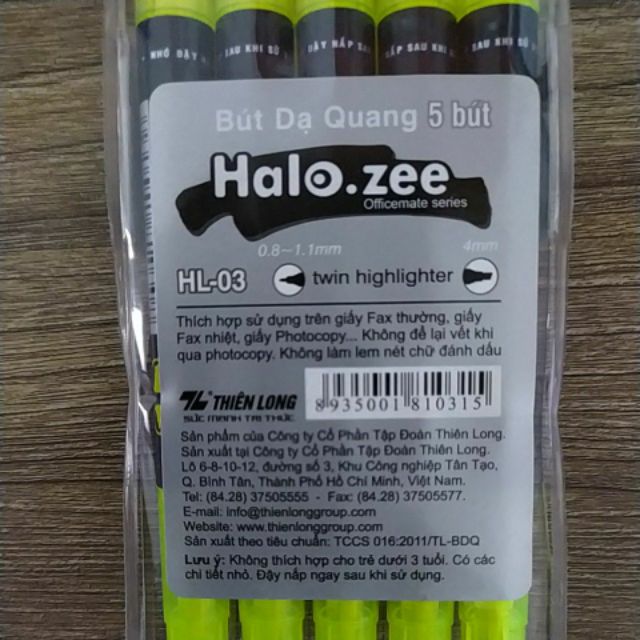 Vĩ 5 cây Bút dạ quang hai đầu Halo zee TL - HL03 ( vàng/hồng/cảm/xanh lá/xanh dương )