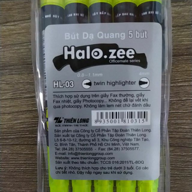 Vĩ 5 cây Bút dạ quang hai đầu Halo zee TL - HL03 ( vàng/hồng/cảm/xanh lá/xanh dương )