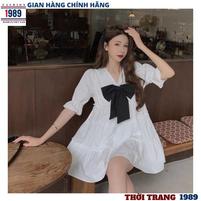 Đầm babydoll nữ ❤️váy xoè cổ v đính nơ❤️ chất thô mềm xếp tầng, tiểu thư -phương_1989 | BigBuy360 - bigbuy360.vn