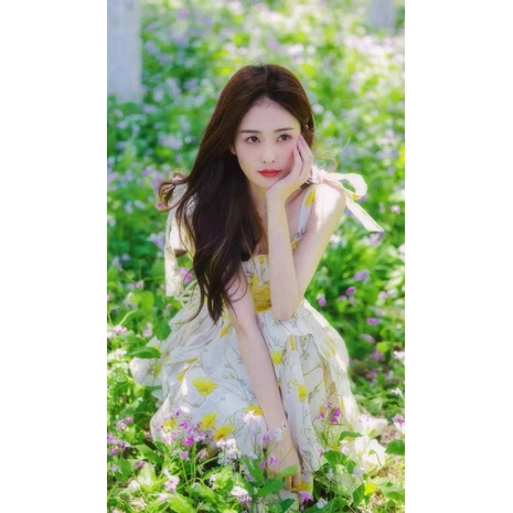 Đầm xoè xếp ly BẠCH LỘC thắt nơ ống trên cùng váy hoa của phụ nữ một từ cổ áo thun eo váy bánh