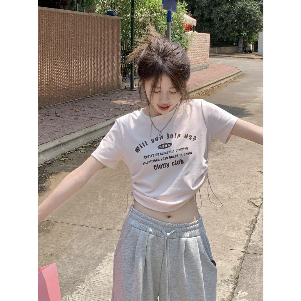 Áo Thun Tay Ngắn Phối Dây Rút In Họa Tiết Kiểu Retro Mỹ Thời Trang Mùa Hè 62996