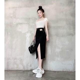 Chân váy jean nữ dáng dài xẻ tà tem da cao cấp.Hàng VNXK