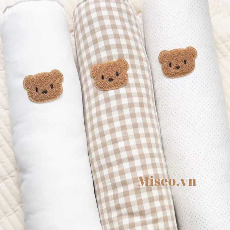 Gối ôm ngủ cho bé dáng tròn dài ruột bông cao cấp thêu hình gấu cute an toàn cho trẻ em sơ sinh