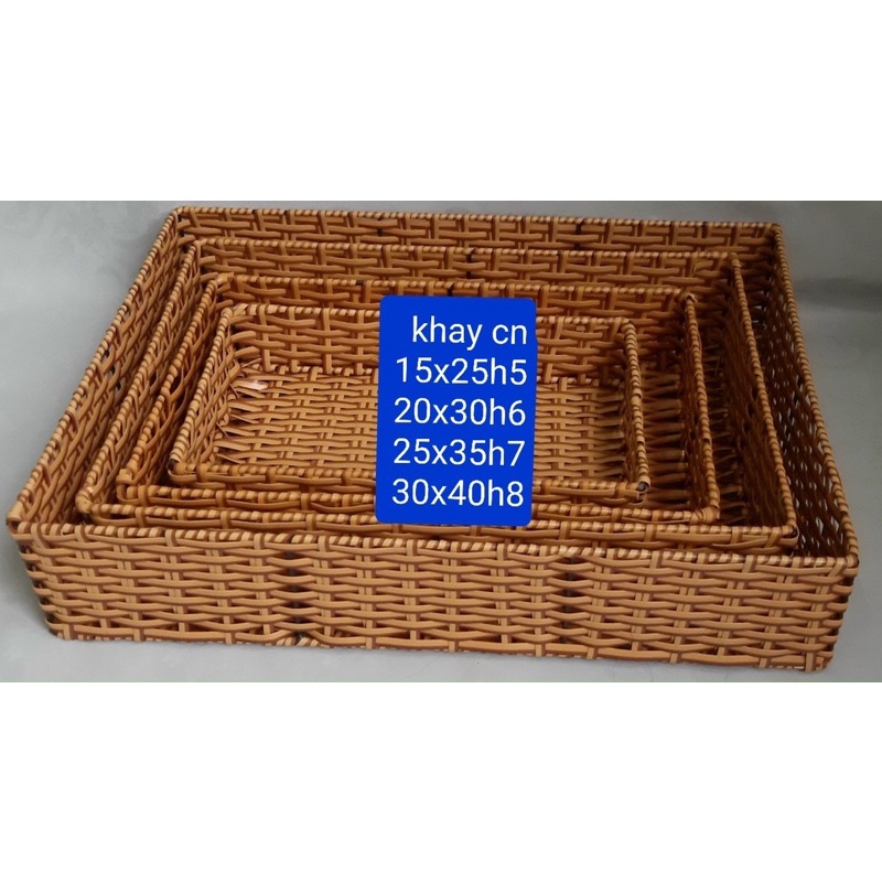 Khay Chữ Nhật khung sắt sơn tỉnh điện dây đan nhựa giả mây đủ Size