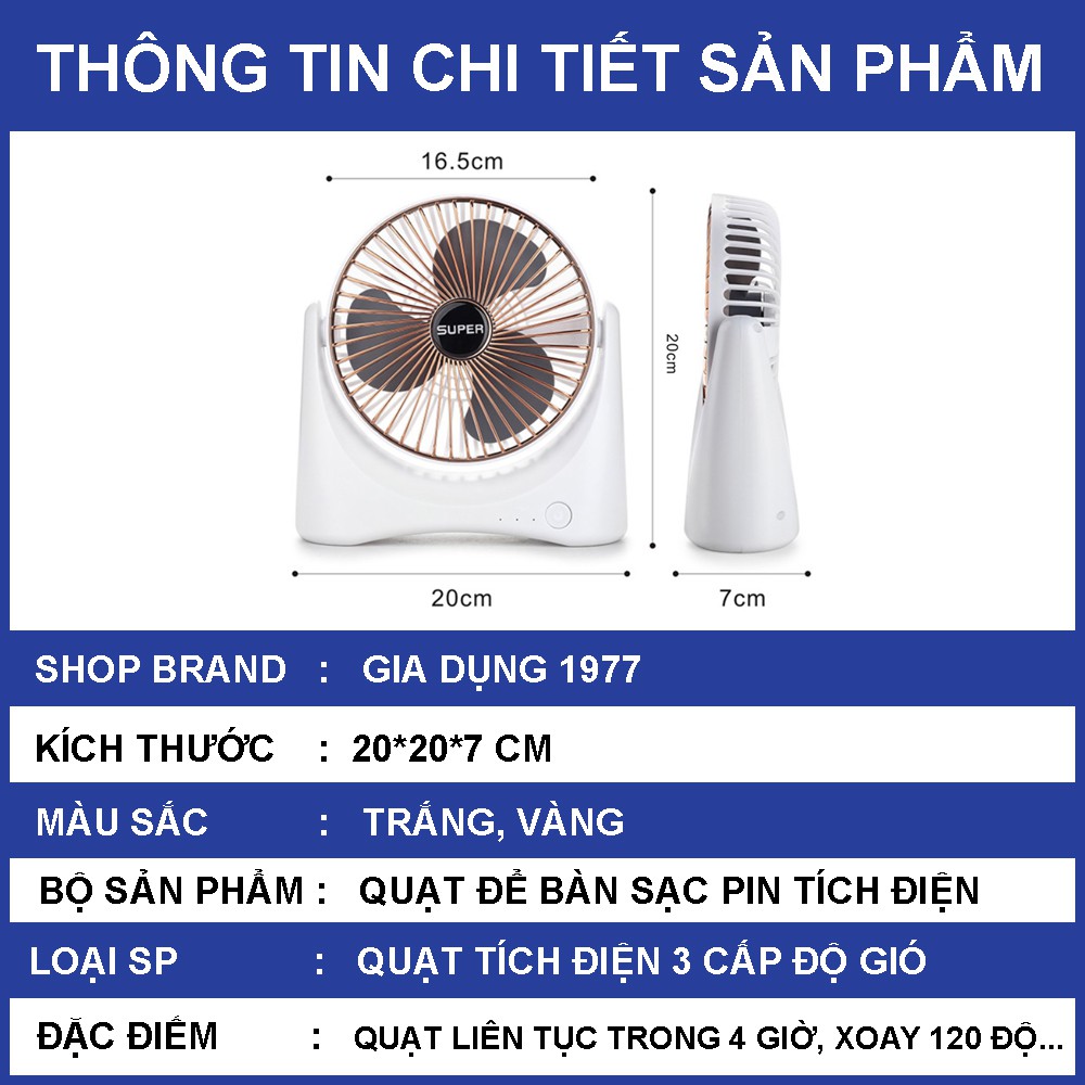 Quạt mini để bàn sạc pin tích điện 3 cấp độ thế hệ mới, Quạt để bàn mini xoay 120 độ kèm dây sạc USB an toàn tiện lợi